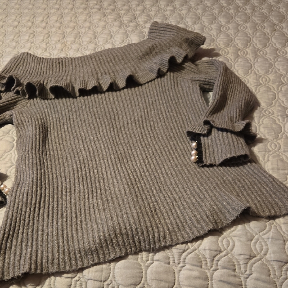 Lane Bryant Off-the-Shoulder Gray Ribbed Sweater With Pearl Accents